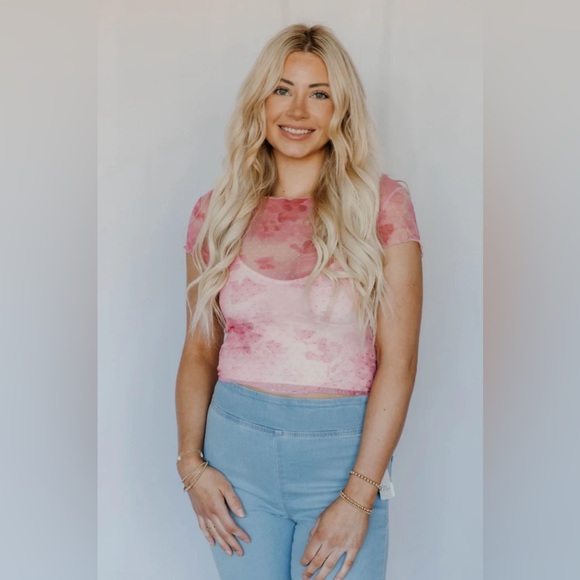 Free People Mesh Pink Floral Printed On The Dot Baby Tee - Picture 8 of 12